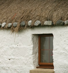 Netting covers the thatch and is weighted at the eaves with large stones tied on the wire